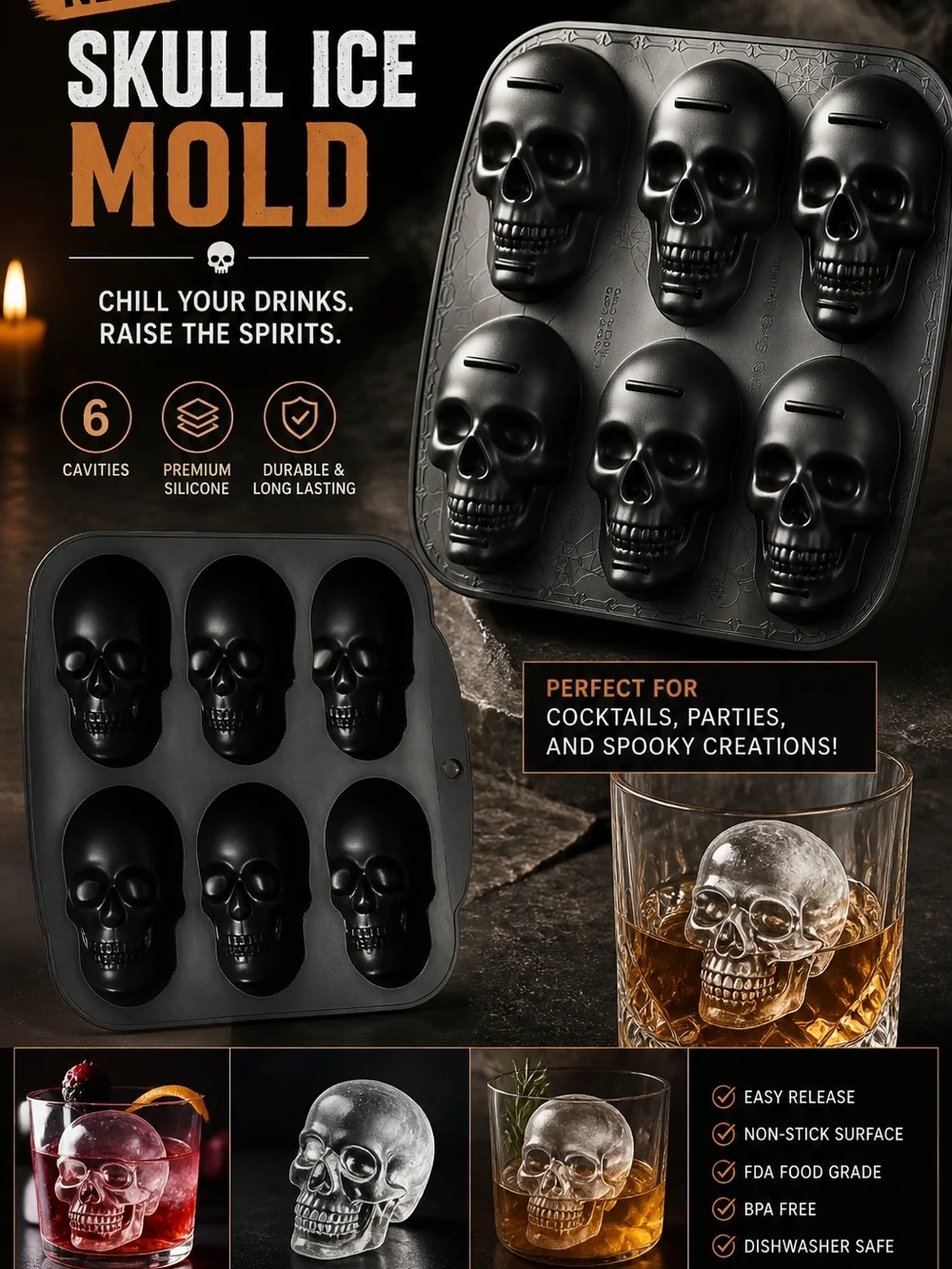 Skull Ice Mold Silicone Tray - Black
